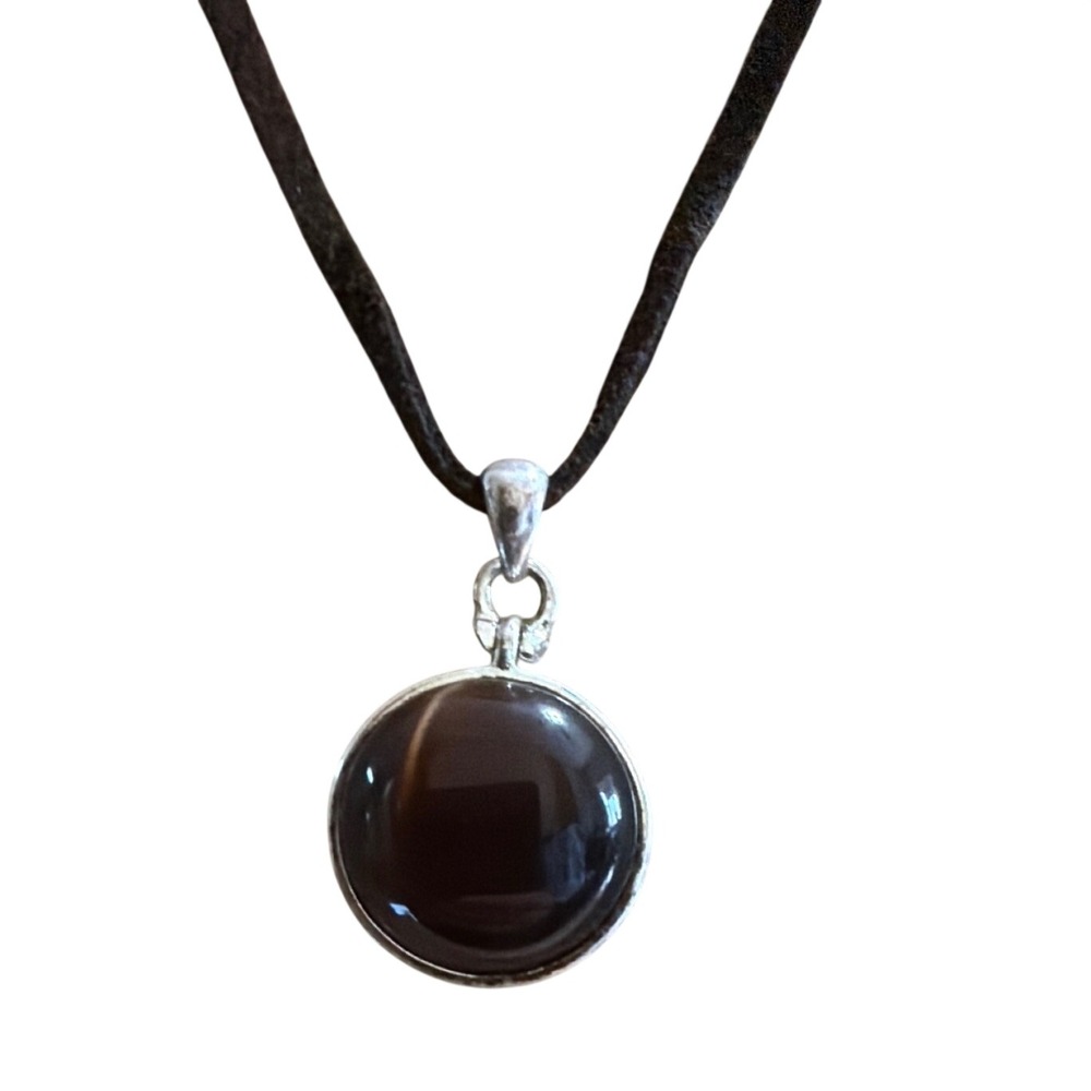 Dark Brown Cabochon Pendant Necklace Silver Tone Bezel Brown Cord Adjustable